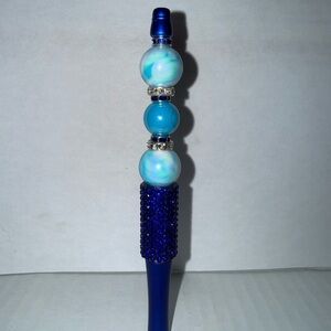 Handmade Beaded Pen- Elegant Blue pen with marble resin beads & rhinestone base
